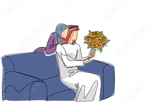 Single continuous line drawing  an arab man sitting on sofa holding bouquet of flowers. Maintaining household harmony. True happiness. Always comfortable. Surprise. One line design vector illustration