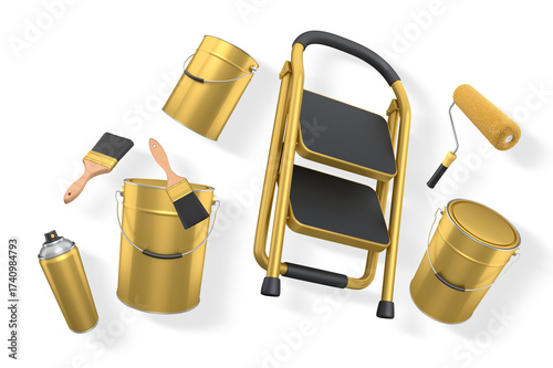 Step ladder with black steps, paint cans, roller and paint brushes on white background with clipping path, concept of painting