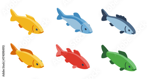 Colorful isometric fish set on white background in vibrant palette