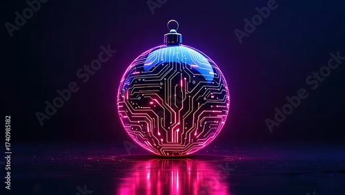 Cyberpunk christmas ornament technology circuit board glowing neon lights holiday season tech festive sphere on transparent background