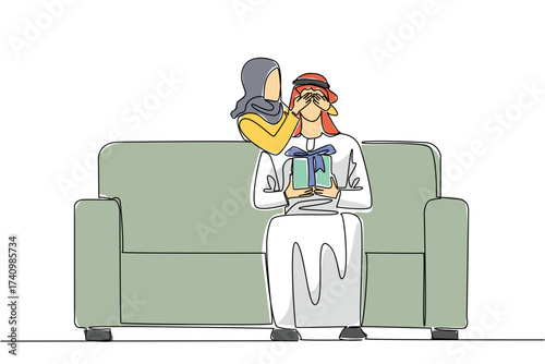 Single one line drawing an arab man sitting on a sofa holding a gift box. There is always a way to create happiness. Love. Care. Perfect couple. Surprise. Continuous line design graphic illustration