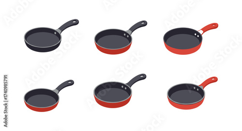 Isometric collection of red and black frying pans with ergonomic handles