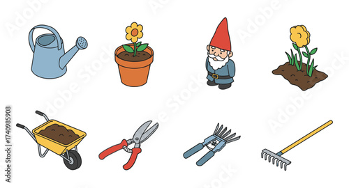 Colorful gardening elements set with tools, flowers, and gnome