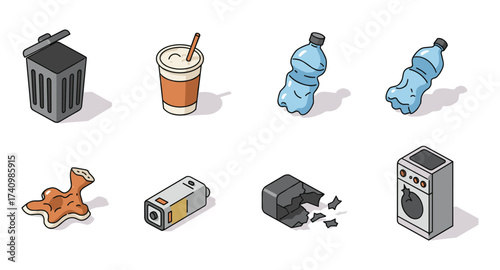 Isometric icons of common waste items for recycling and disposal awareness
