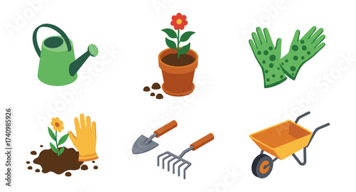 Isometric garden tools and plants collection for horticulture and landscaping designs