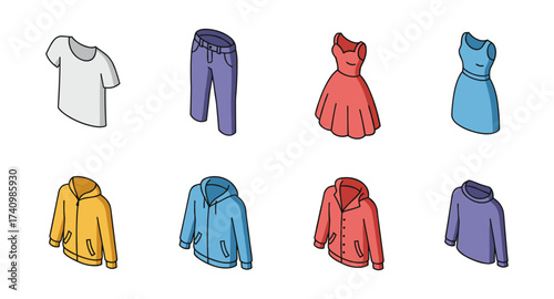 Isometric clothing icons collection featuring t-shirts, dresses, hoodies, and jackets