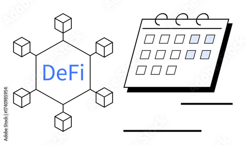 Decentralized blockchain network connected to DeFi with calendar spotlighting dates. Ideal for finance, technology, planning, scheduling, blockchain, investment, data visualization. Simple flat