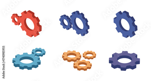 Colorful gear icons collection in isometric style on white background
