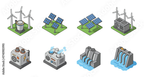 Isometric renewable energy sources with wind turbines, solar panels, and hydroelectric power plants