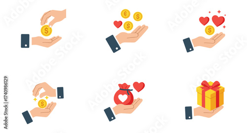 Flat style hand gestures with coins, hearts, and gifts for financial and romantic concepts