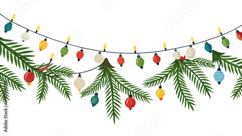 Vector art of festive christmas garland with colorful light bulbs and fir branches, adding a touch of holiday cheer to any design