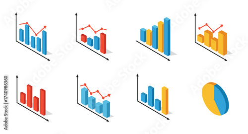 Colorful 3d isometric bar and line chart collection for data visualization