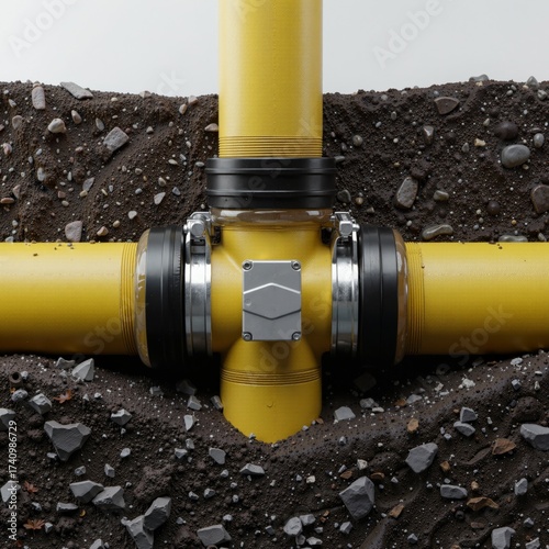yellow industrial pipeline T-junction buried in dark, rocky soil, featuring a modern bolted metal clamp system and a smart rectangular sensor module attached to the joint.