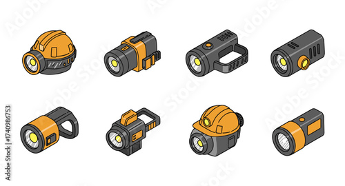 Isometric flashlight and headlamp collection featuring modern designs