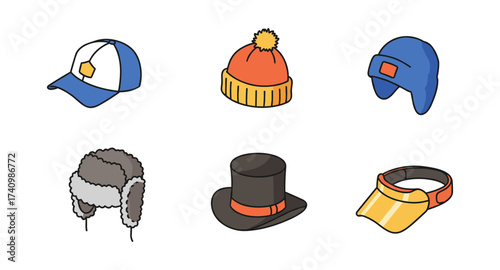 Collection of colorful hats in isometric style featuring various designs and types for diverse fashion options