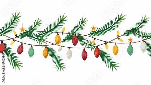 Vector art of delightful christmas garland with fir branches and glowing lights, perfect for adding warmth to holiday designs