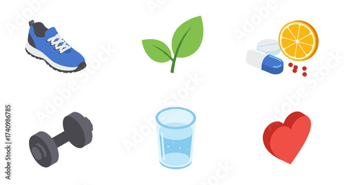 Healthy lifestyle elements: fitness, nutrition, and wellness icons in flat design