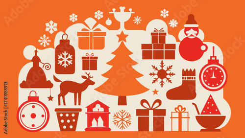 Vector art of christmas icons in retro style on orange background, featuring tree, gift, deer, santa, snowflake, and other holiday elements for festive designs