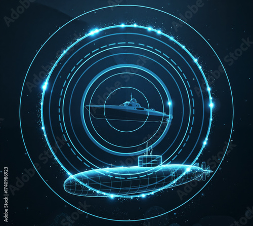 stylized holographic radar/sonar screen emitting concentric rings, displaying wireframe schematics of two vessels: a surface warship and a submerged submarine