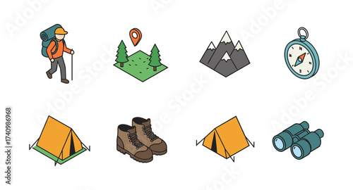 Outdoor adventure icons collection featuring camping, hiking, and navigation elements