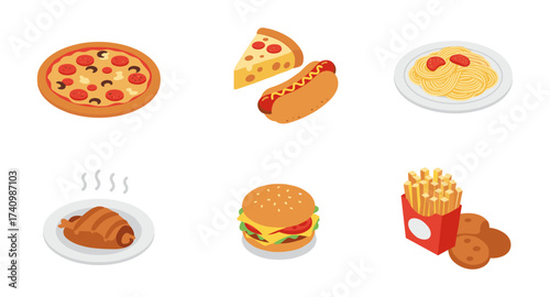 Delicious fast food icons set: pizza, burger, hot dog, and more