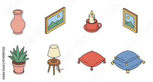 Cozy home decor: elegant vase, framed art, candle, and soft cushions in minimalist style