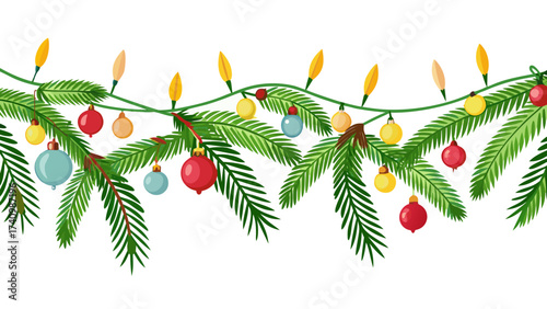 Vector art of seamless christmas border with fir branches, christmas lights and colorful baubles, perfect for holiday design projects