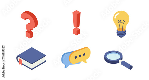 Isometric icons: question mark, exclamation, light bulb, book, speech bubbles, magnifying glass