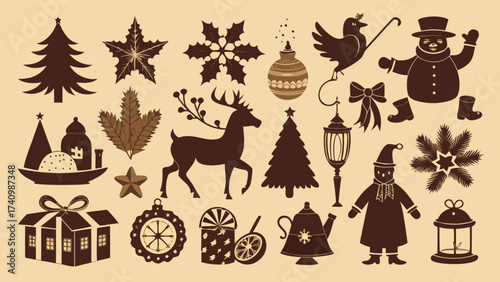 Vector art of vintage christmas elements in silhouette style, featuring a christmas tree, reindeer, snowman, and other holidaythemed icons on a beige background
