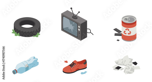 Isometric recyclable waste collection: tire, tv, can, bottle, shoe, paper