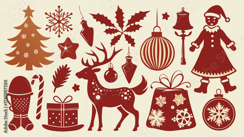 Vector art of a delightful collection of vintage christmas icons, perfect for adding a nostalgic touch to your holiday designs and crafts