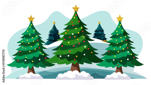 Vector art of christmas trees with snow and mountains festive season with decorated fir trees and star toppers in winter landscape