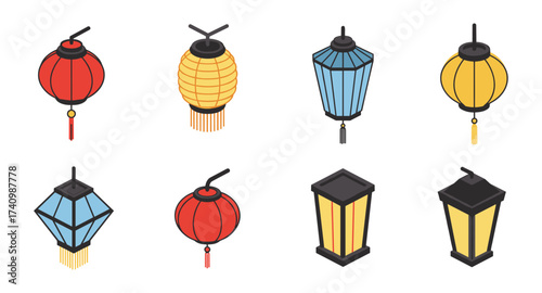 Colorful isometric chinese lanterns set with various designs