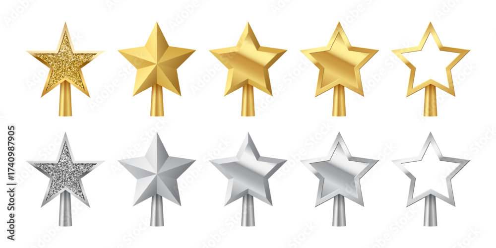 Obraz premium Christmas golden and silver tree topper set vector illustration. Realistic 3D silver and gold star decorations. Decorative traditional top of Xmas pine tree in winter season isolated on transparent.