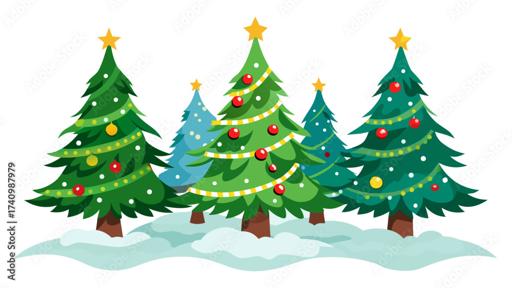 Obraz premium Vector art of a group of decorated christmas trees standing in the snow, creating a festive and joyful holiday scene