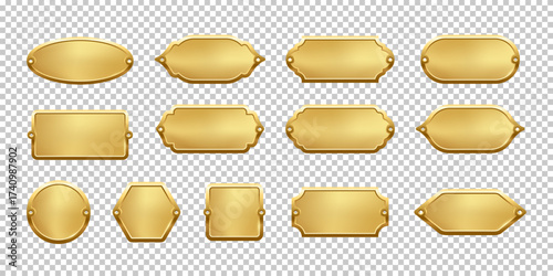 Blank golden metal nameplate plaques in various vintage shapes with decorative edges and screw holes. Metallic gold labels for engraving, signage, awards, door signs. Realistic vector illustration.