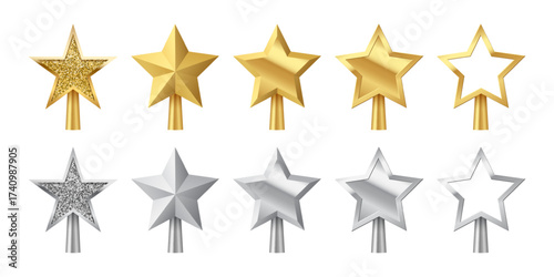 Christmas golden and silver tree topper set vector illustration. Realistic 3D silver and gold star decorations. Decorative traditional top of Xmas pine tree in winter season isolated on transparent.