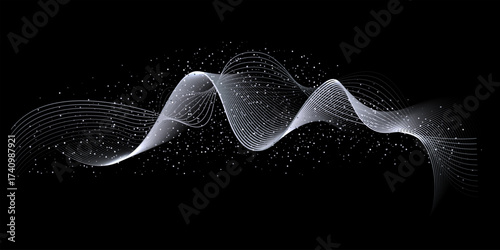 Silver waves background. White wave lines with glowing light effect on black background. Curved abstract stripes forming fluid motion and elegant movement. Dynamic modern vector design.