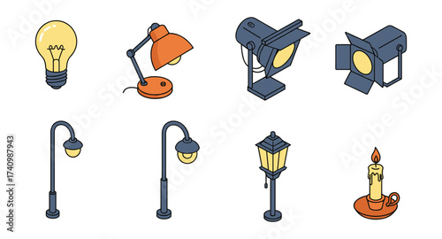 Isometric icon set of various lighting fixtures including lamps and lanterns
