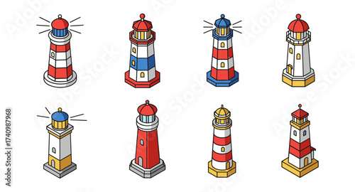 Colorful isometric lighthouses collection: nautical guide structures in vibrant designs