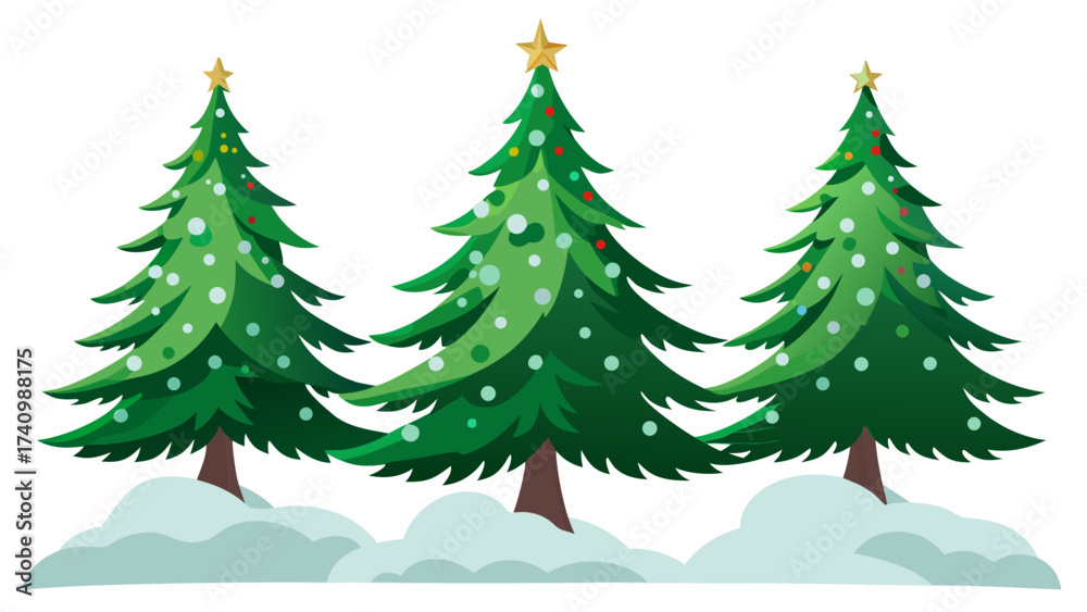 Fototapeta premium Vector art of three green christmas trees with snow festive holiday decoration for new year celebration and winter season
