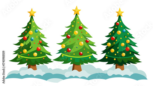 Vector art of three decorated christmas trees with golden stars on top, a festive holiday season celebration in winter time