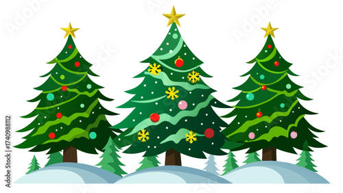 Vector art of three decorated christmas trees with golden stars on top, a festive holiday season celebration in winter time