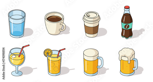 Isometric beverage collection: coffee, soda, juice, and beer assortment