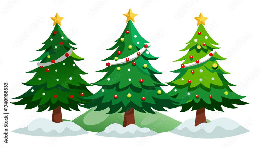 Fototapeta premium Vector art of three green christmas trees with snow festive holiday decoration for new year celebration and winter season