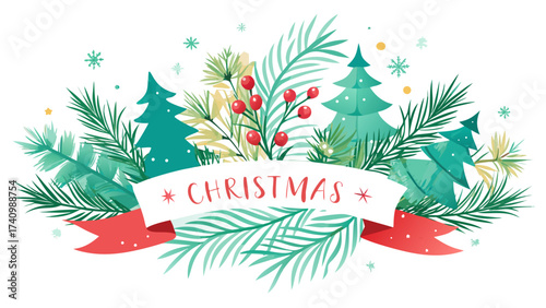 Vector art of charming christmas banner with fir trees and red ribbon for holiday season greeting cards and festive designs