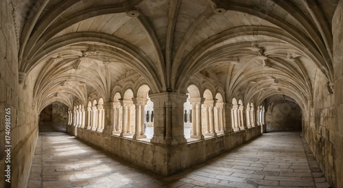 Medieval Arcade of Santo Estevo Monastery in Galicia, Spain