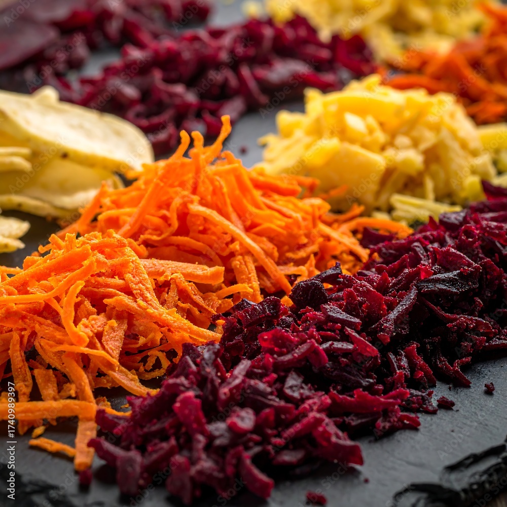 Fototapeta premium An overhead, close-up shot showcases arranged, shredded vegetables on a dark surface. Diverse colors create an appetizing presentation