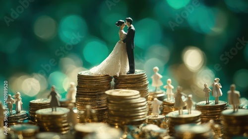 Couple figurines on coins, wedding cost, bokeh background, financial planning