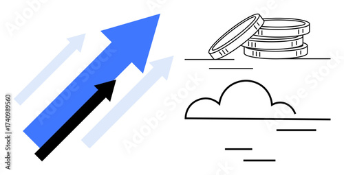 Bold upward arrows beside coins and a cloud, symbolizing growth, financial prosperity, and progress. Ideal for finance, investment, business strategy, success, economic growth aspirations simple
